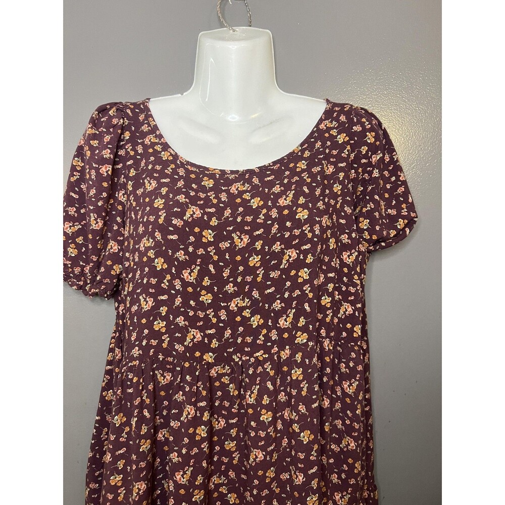 Bécool Dress Womens Medium Red Floral Puff Sleeve Tiered Short Trapeze Boho